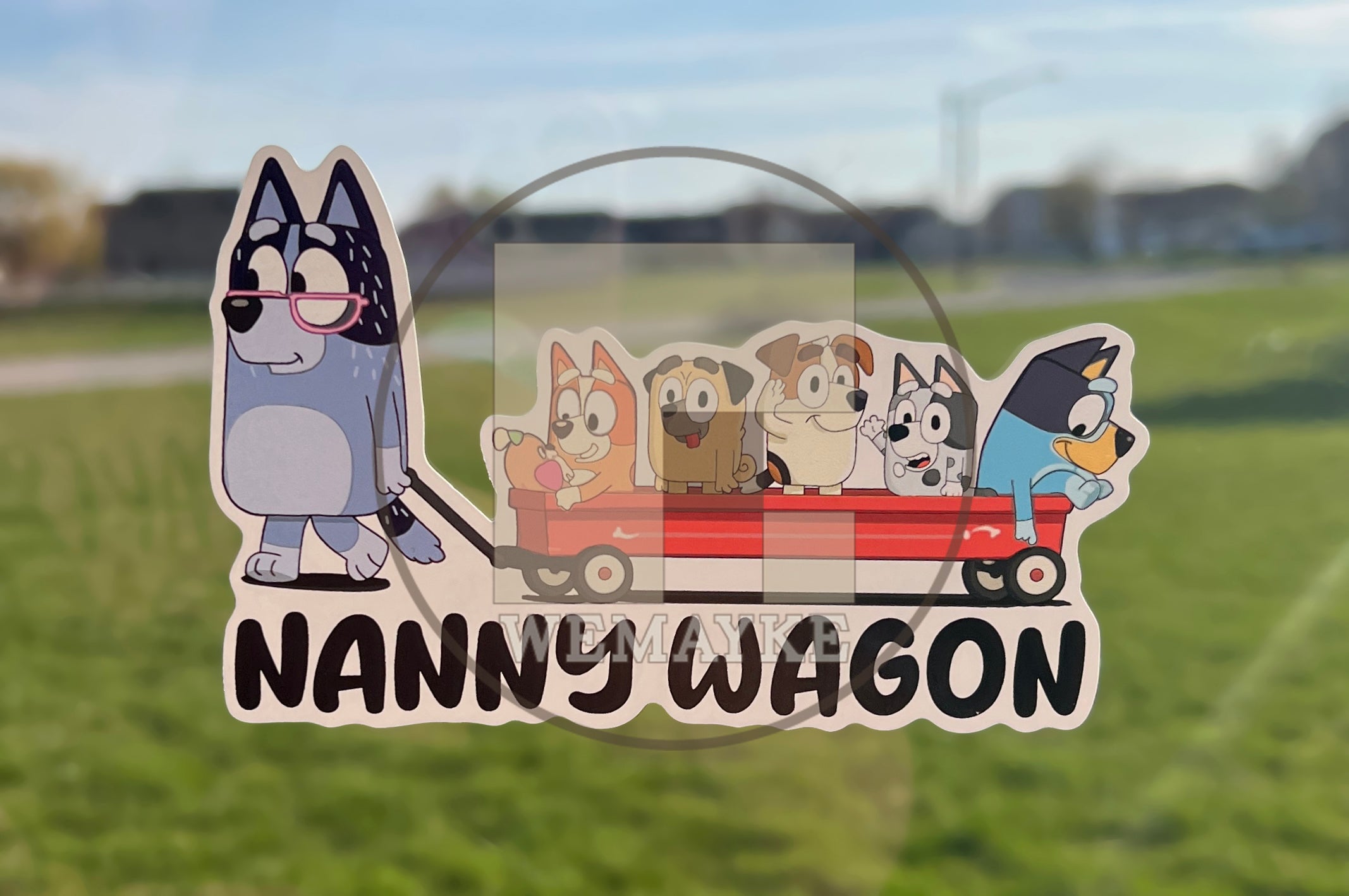 (B124) Nanny Wagon With 5 Kids - Dog Family Decal / Sticker